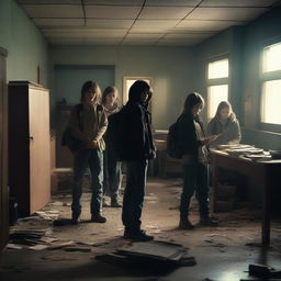 A group of students inside a room in a school during an apocalypse