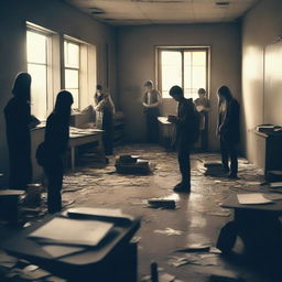 A group of students inside a room in a school during an apocalypse