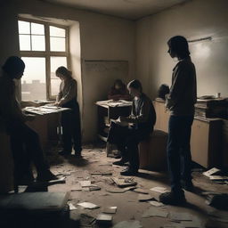 A group of students inside a room in a school during an apocalypse