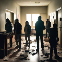 A group of students inside a room in a school during an apocalypse