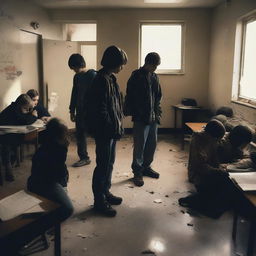 A group of students inside a room in a school during an apocalypse