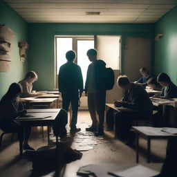 A group of students inside a room in a school during an apocalypse