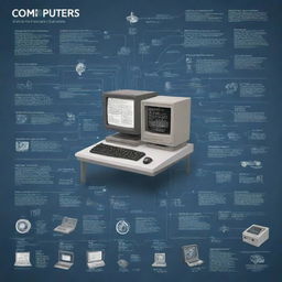 A detailed infographic tracing the history of computers. It features key events and inventions, starting from the first mechanical computer to the latest quantum computers, with timeline markers, illustrations, and brief descriptions.