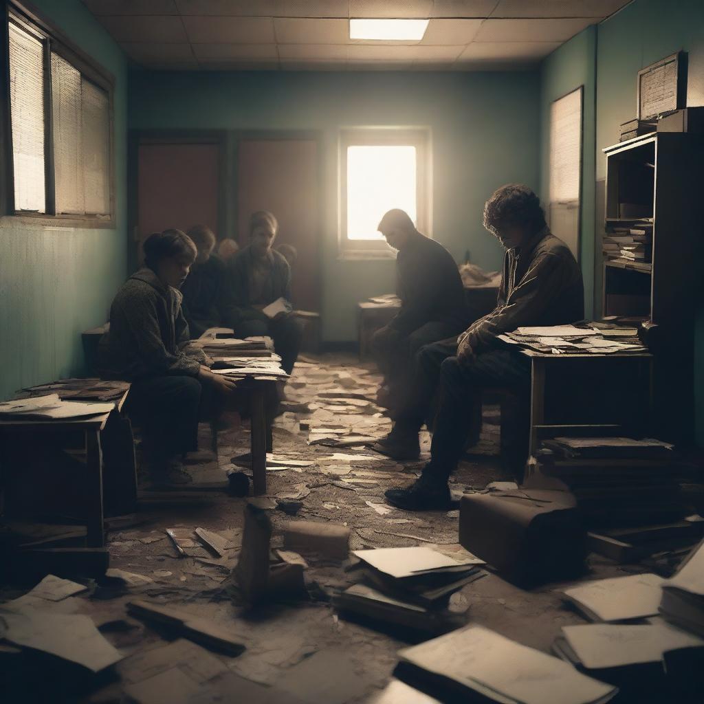 A group of students inside a room in a school during an apocalypse