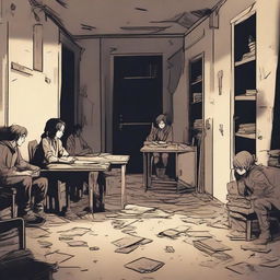 A group of students inside a room in a school during an apocalypse