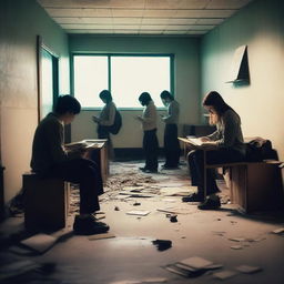 A group of students inside a room in a school during an apocalypse