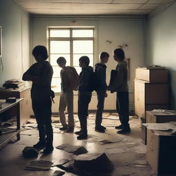 A group of students inside a room in a school during an apocalypse