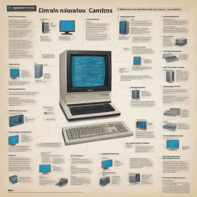 A detailed infographic tracing the history of computers. It features key events and inventions, starting from the first mechanical computer to the latest quantum computers, with timeline markers, illustrations, and brief descriptions.