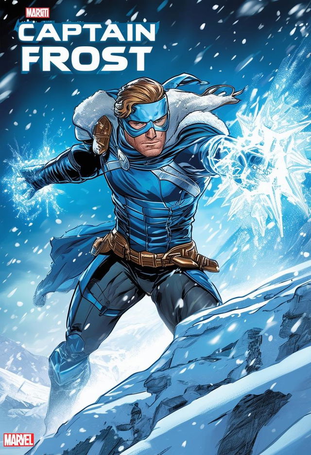 High-definition comic book cover titled 'Captain Frost' featuring a superhero with ice and snow powers in a winter-themed outfit, set against a stunning winter background