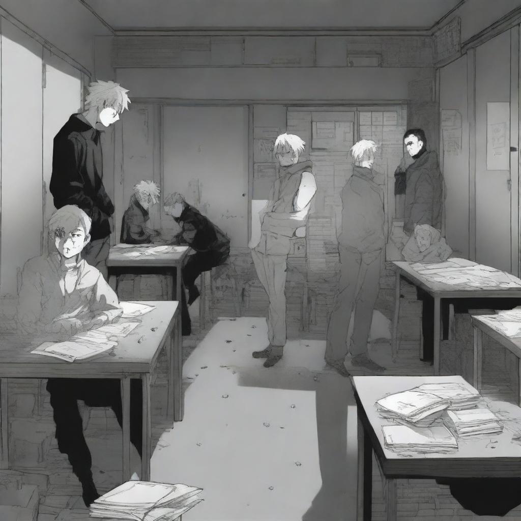 A group of students inside a room in a school during an apocalypse, drawn in manga style