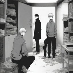 A group of students inside a room in a school during an apocalypse, drawn in manga style