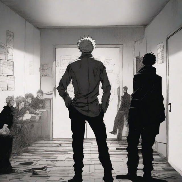 A group of students inside a room in a school during an apocalypse, drawn in manga style