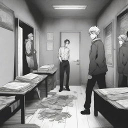 A group of students inside a room in a school during an apocalypse, drawn in manga style