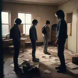 A group of students inside a room in a school during an apocalypse