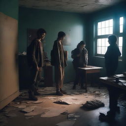 A group of students inside a room in a school during an apocalypse