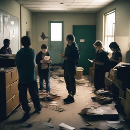 A group of students inside a room in a school during an apocalypse