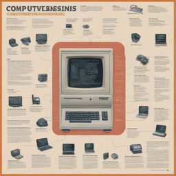 A detailed infographic tracing the history of computers. It features key events and inventions, starting from the first mechanical computer to the latest quantum computers, with timeline markers, illustrations, and brief descriptions.