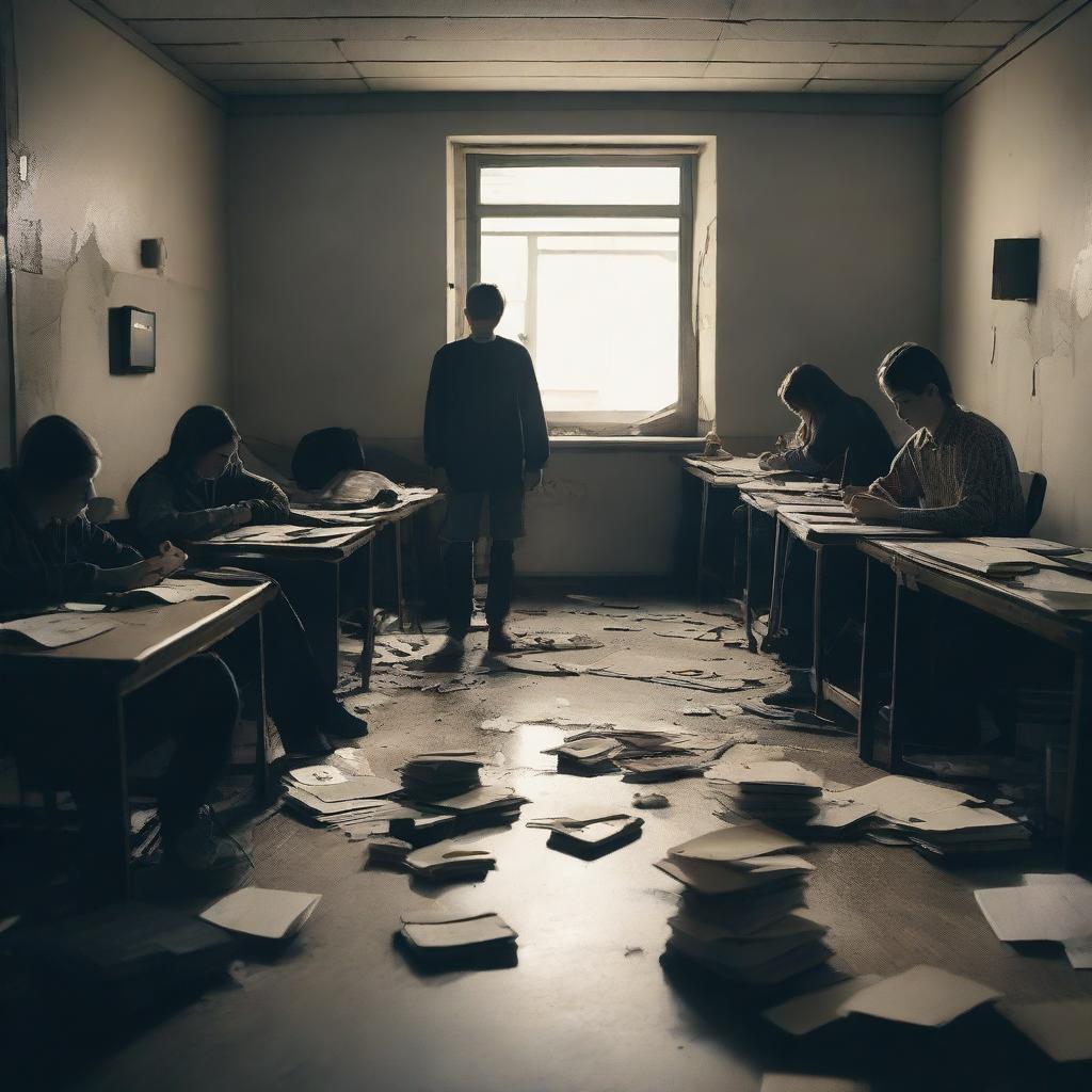 A group of students inside a room in a school during an apocalypse