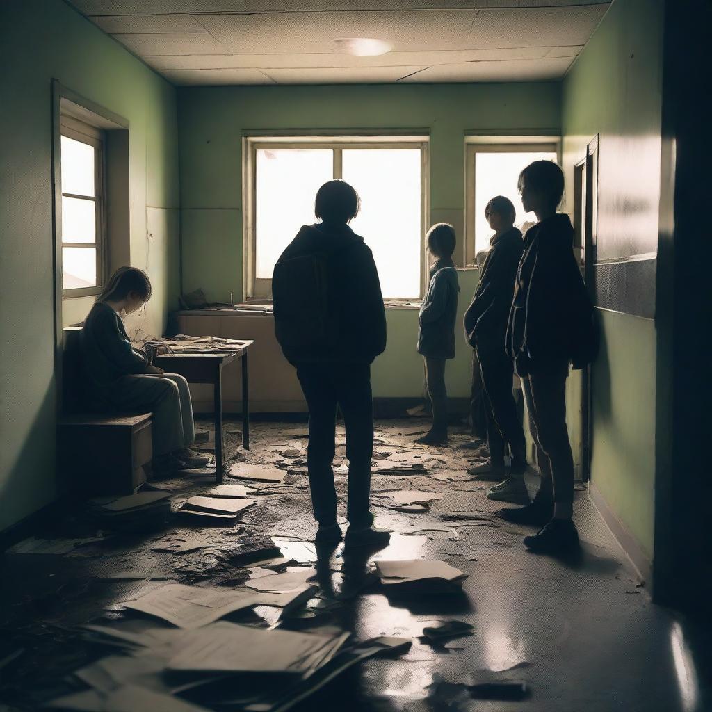 A group of students inside a room in a school during an apocalypse