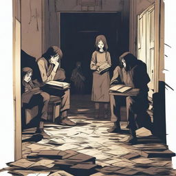 A group of students inside a room in a school during an apocalypse