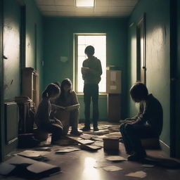 A group of students inside a room in a school during an apocalypse