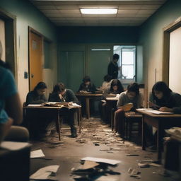 A group of students inside a room in a school during an apocalypse