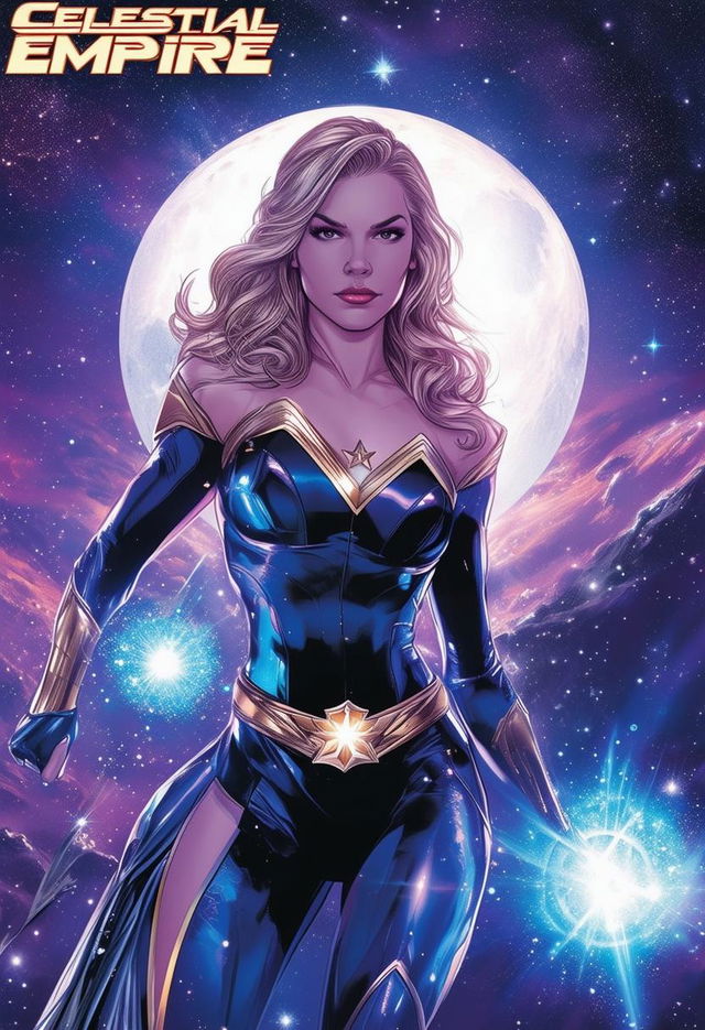 High-definition comic book cover titled 'Celestial Empire' featuring a female superhero with star and moon powers in an astrology-themed outfit, set against a stunning outer space background