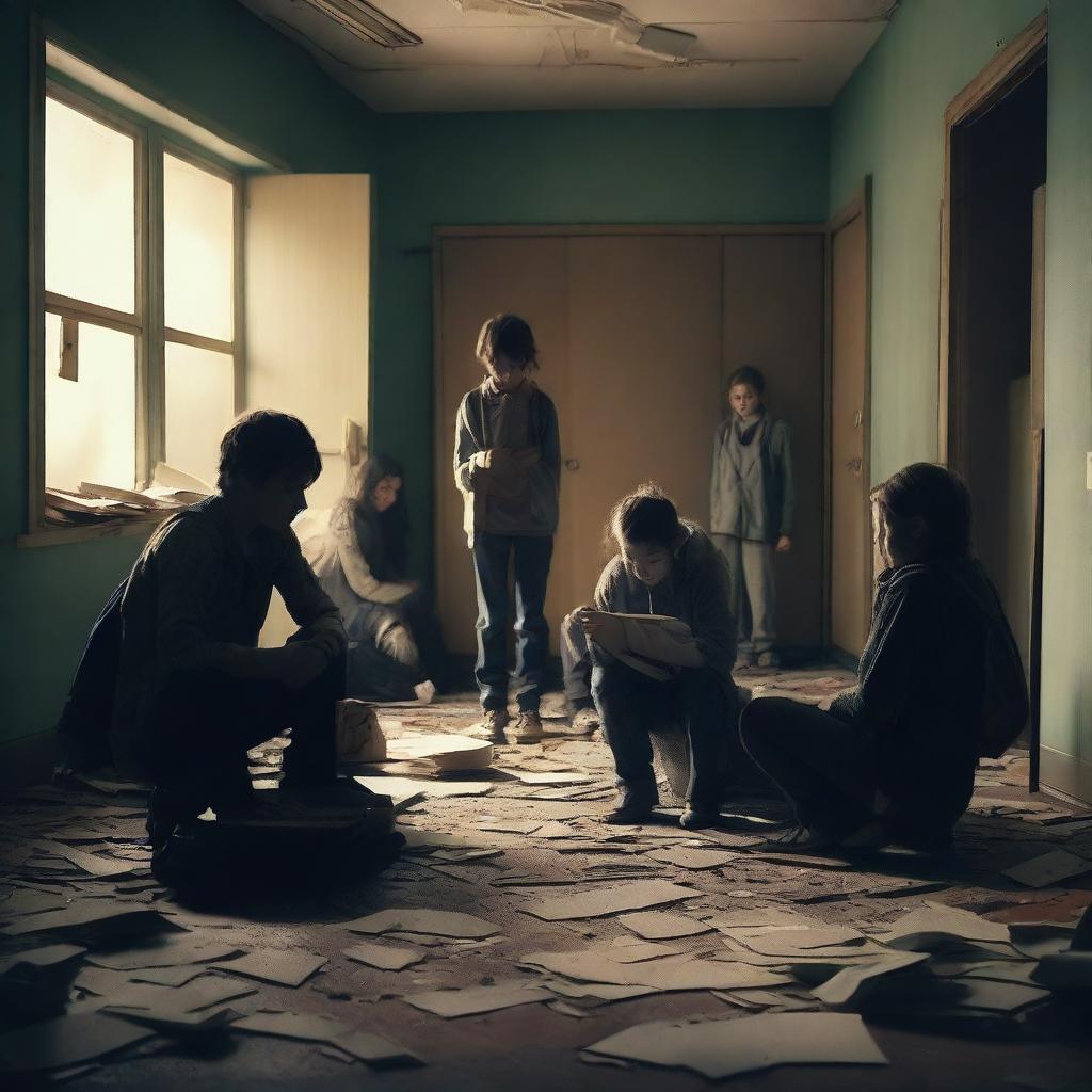 A group of students inside a room in a school during an apocalypse