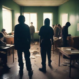 A group of students inside a room in a school during an apocalypse