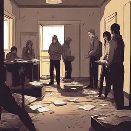 A group of students inside a room in a school during an apocalypse