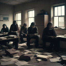 A group of students inside a room in a school during an apocalypse