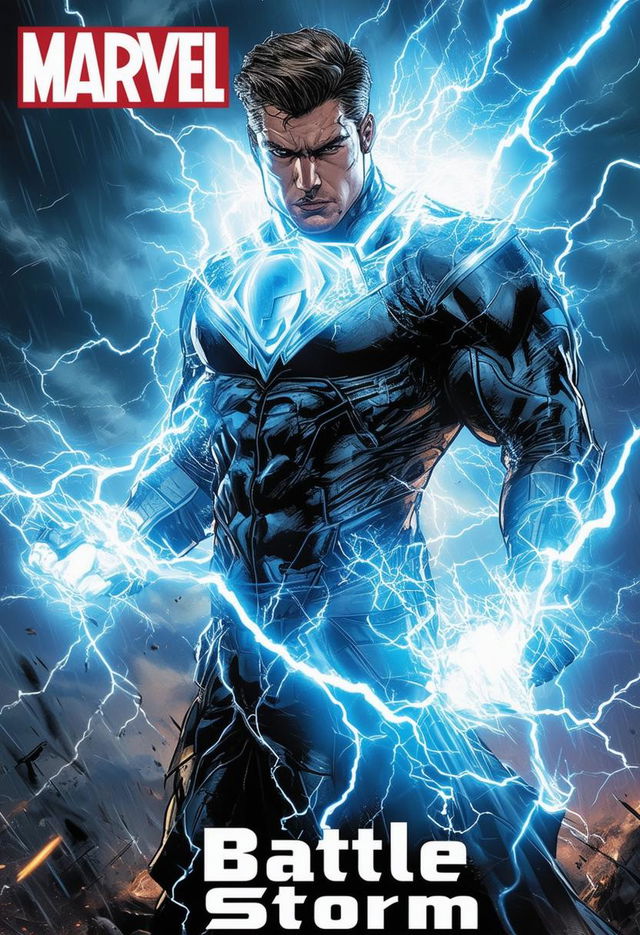 High-definition comic book cover titled 'Battle Storm' featuring a handsome superhero with lightning and storm powers in a lightning-themed outfit, set against a dramatic stormy background