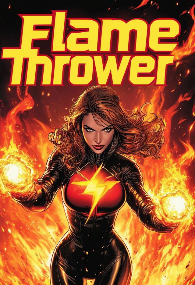 High-definition comic book cover titled 'Flame Thrower' featuring a female superhero with fire powers in a fire-themed outfit, set against a blazing fire background