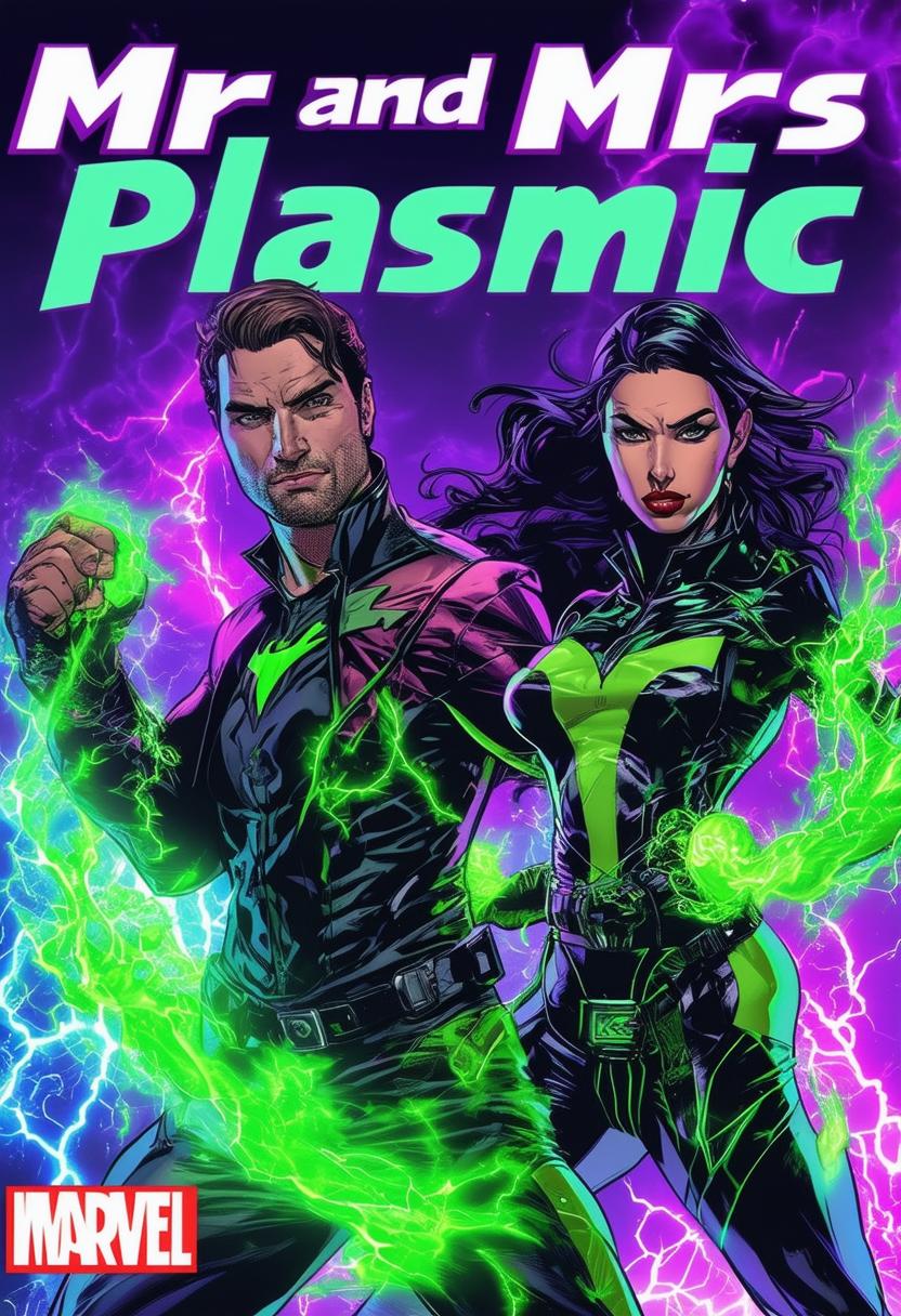 High-definition comic book cover titled 'Mr and Mrs Plasmic' featuring a male and female superhero duo with green toxic plasma powers in toxic-themed outfits, set against an intense plasma background