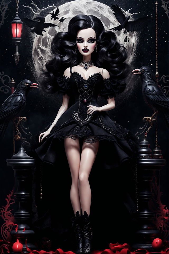 High-definition artwork of a Gothic Barbie with dark red lipstick, gothic jewelry, and a Victorian-inspired dress, set against an enchanting gothic background