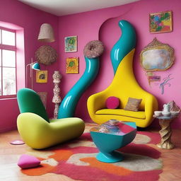 A strange and unconventional living room with a surreal design