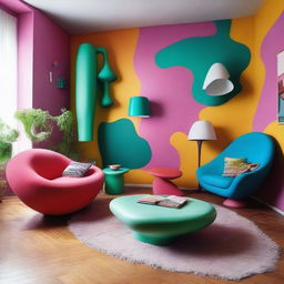 A strange and unconventional living room with a surreal design