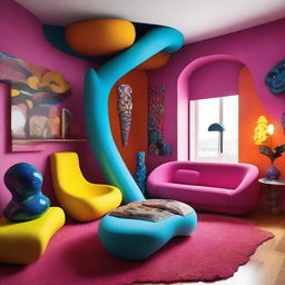 A strange and unconventional living room with a surreal design