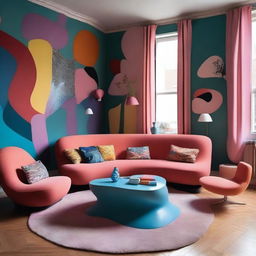 A strange and unconventional living room with a surreal design