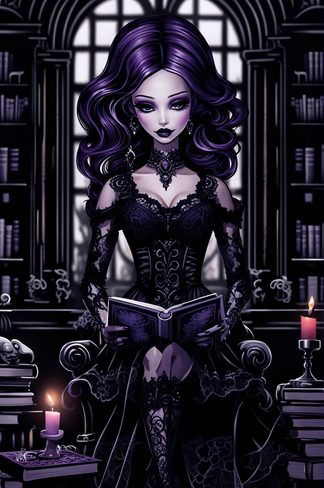 High-definition artwork of a Gothic Barbie reading a book, with dark makeup, gothic accessories, and a fitted black dress, set against a dimly-lit library background