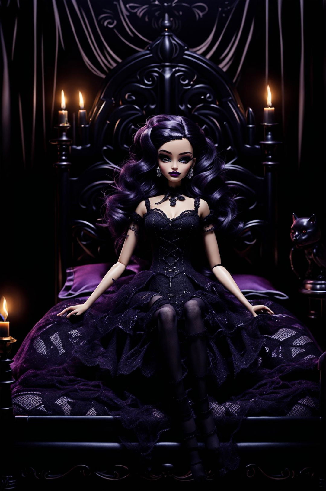 High-definition artwork of a Gothic Barbie at bedtime, wearing a black lace nightgown, set against a dimly-lit bedroom with gothic furniture