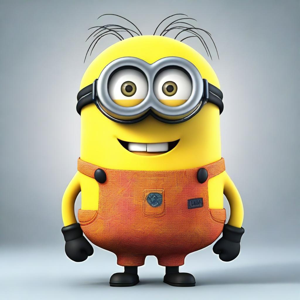 A funny-looking and weird Minion from the Despicable Me series wearing bright, colorful clothes and sporting funny hair