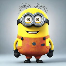 A funny-looking and weird Minion from the Despicable Me series wearing bright, colorful clothes and sporting funny hair