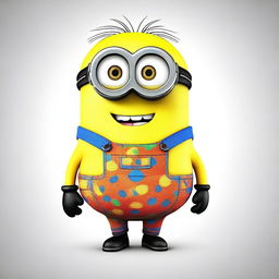 A funny-looking and weird Minion from the Despicable Me series wearing bright, colorful clothes and sporting funny hair