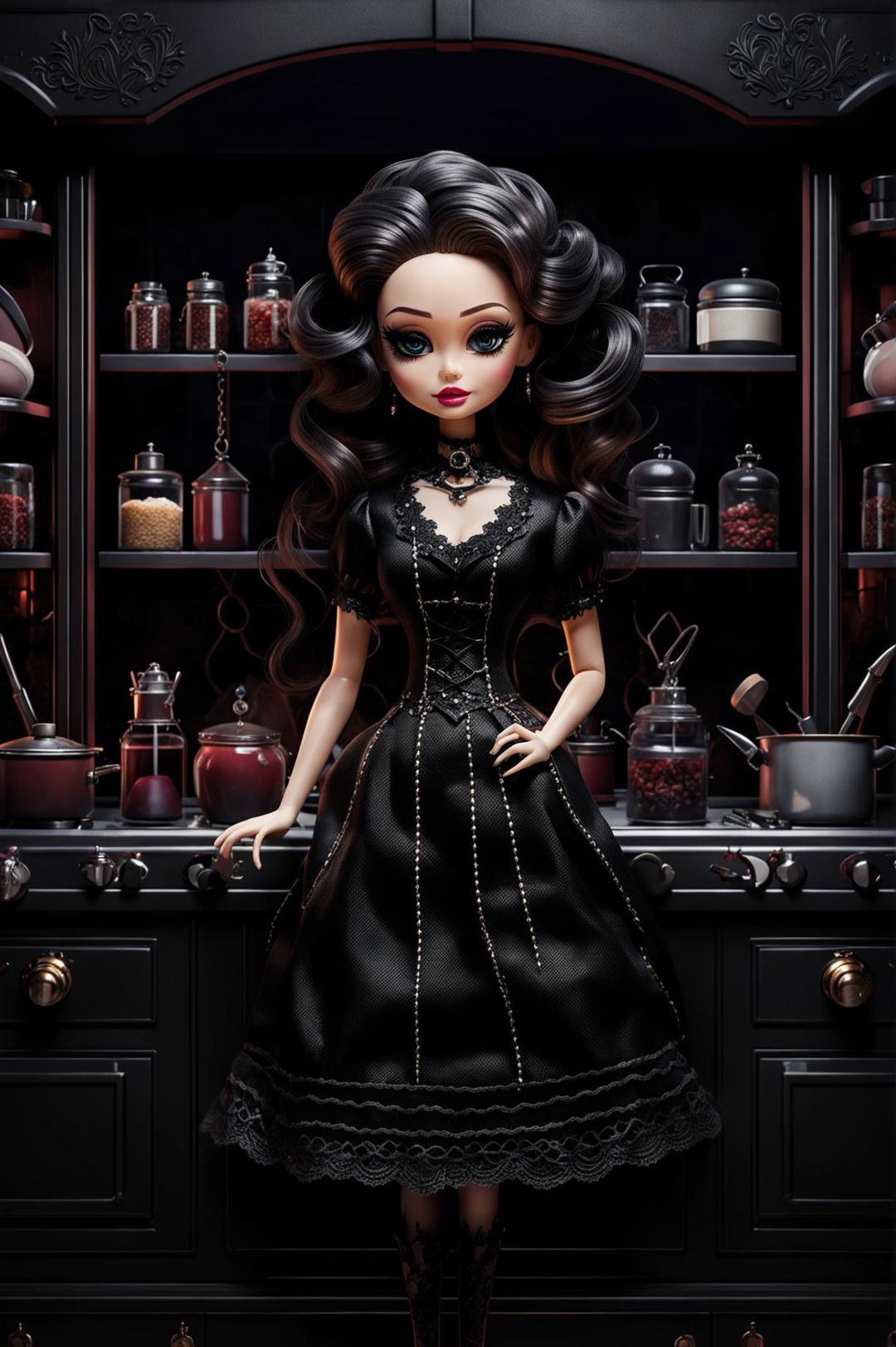 High-definition artwork of a Gothic Barbie in the kitchen, wearing a black lace apron over a Victorian-inspired dress, set against a dark, gothic-themed kitchen background