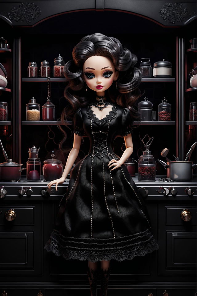 High-definition artwork of a Gothic Barbie in the kitchen, wearing a black lace apron over a Victorian-inspired dress, set against a dark, gothic-themed kitchen background