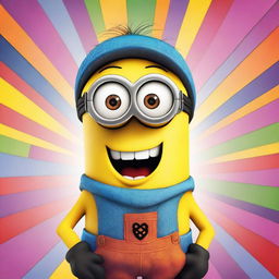 A funny-looking Minion from the Despicable Me series, wearing bright, mismatched clothes and sporting funny, colorful hair