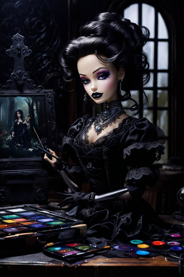 High-definition artwork of a Gothic Barbie painting a picture, wearing a black lace artist's smock over a Victorian-inspired dress, set against a dimly-lit studio with gothic elements