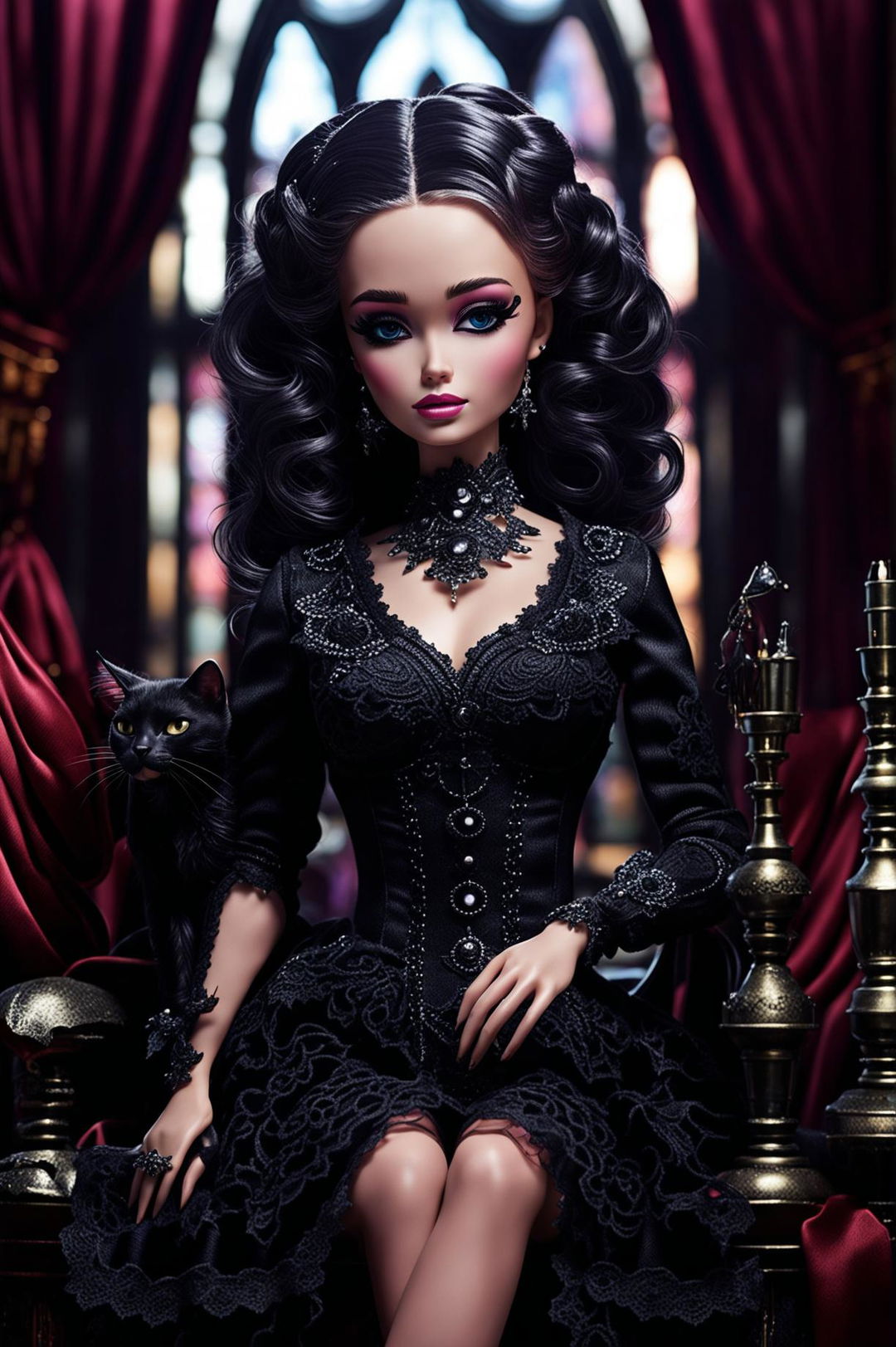 High-definition artwork of a Gothic Barbie with a sleek black cat, wearing a Victorian-inspired dress with lace details, set against a dimly-lit gothic room