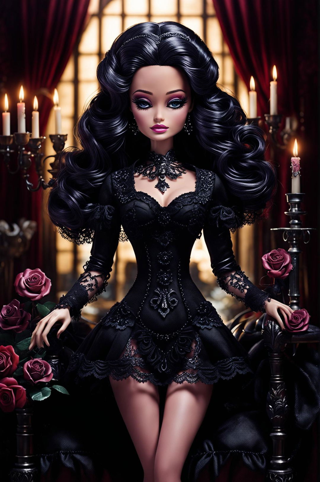 High-definition artwork of a Gothic Barbie holding a bouquet of dark roses, wearing a Victorian-inspired dress with lace details, set against a dimly-lit gothic room